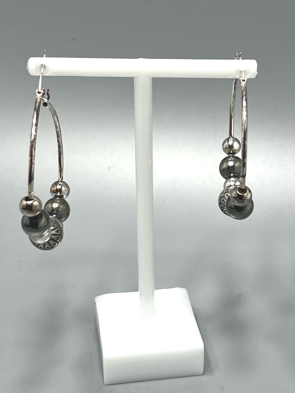 Sterling Silver Beaded Hoop Earrings - Silver - Picture 3 of 5